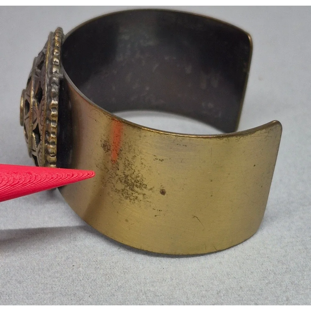 Vintage Brass Cuff Bracelet Woman Gold Tone Medallion Boho Statement Jewelry